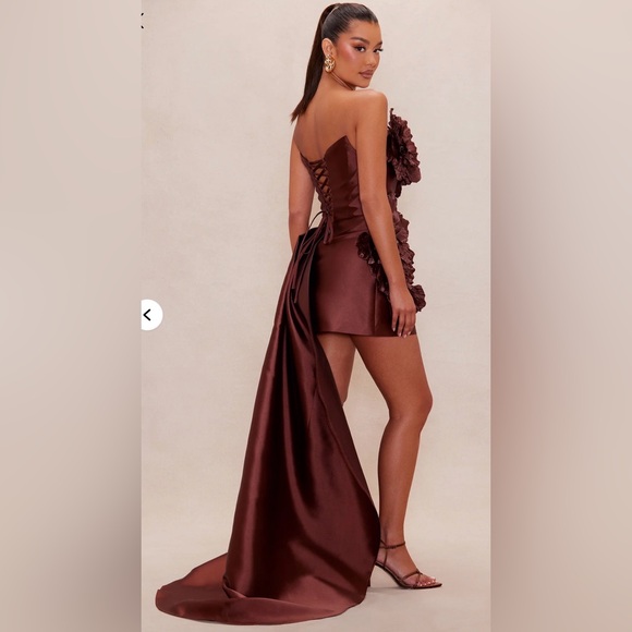 Fashion Nova Chocolate Brown Floral Appliqué Mini Dress with Side Train - Picture 2 of 12